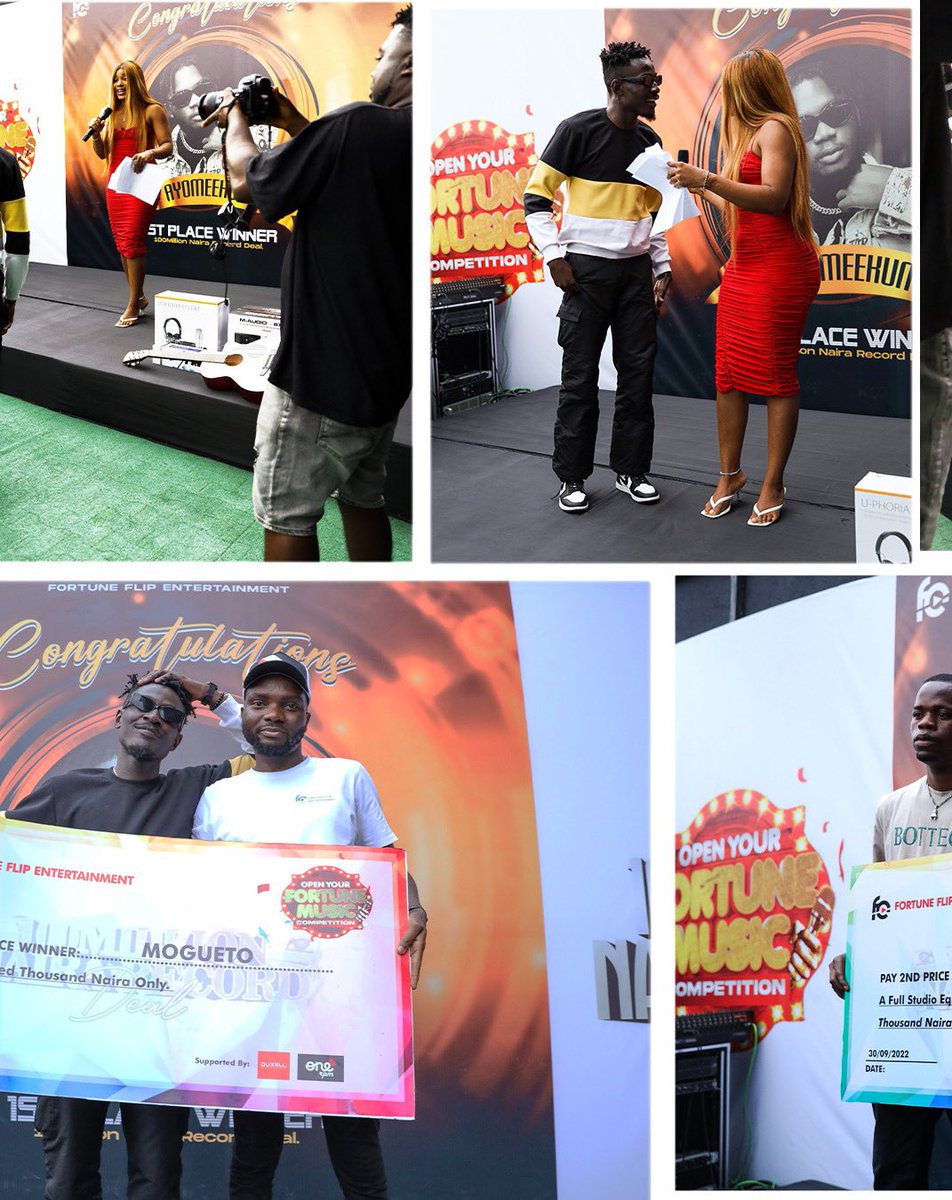 fortuneflipent's tweet photo. It was a glorious event at the announcement and presentation of the prices to the winners of the #OpenYourFortune Music Competition 
Congratulations again to our winners 
🏆 @ayomeekun
🥇@MollyBoyMusic 
🏅 @skizzymogul 
Thanks to our item supporters @auxellmusical 
@onerpmafric https://t.co/ND372X12vO