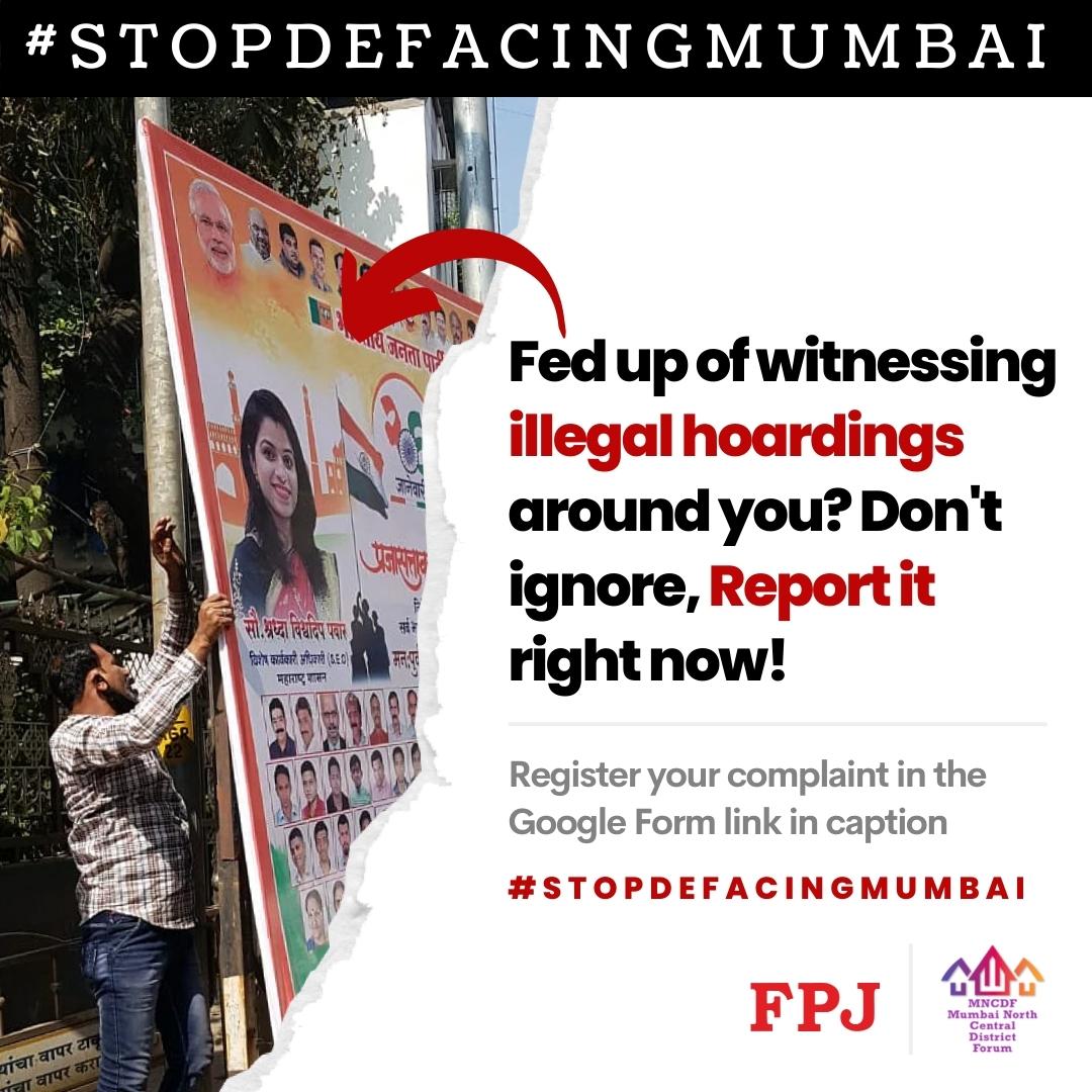 #StopDefacingMumbai: If you see any illegal hoardings across Mumbai, we got you Please fill the complaint form below and we will make sure to take it up with the authorities and get them removed Complaint form here: 👇 docs.google.com/forms/d/e/1FAI…