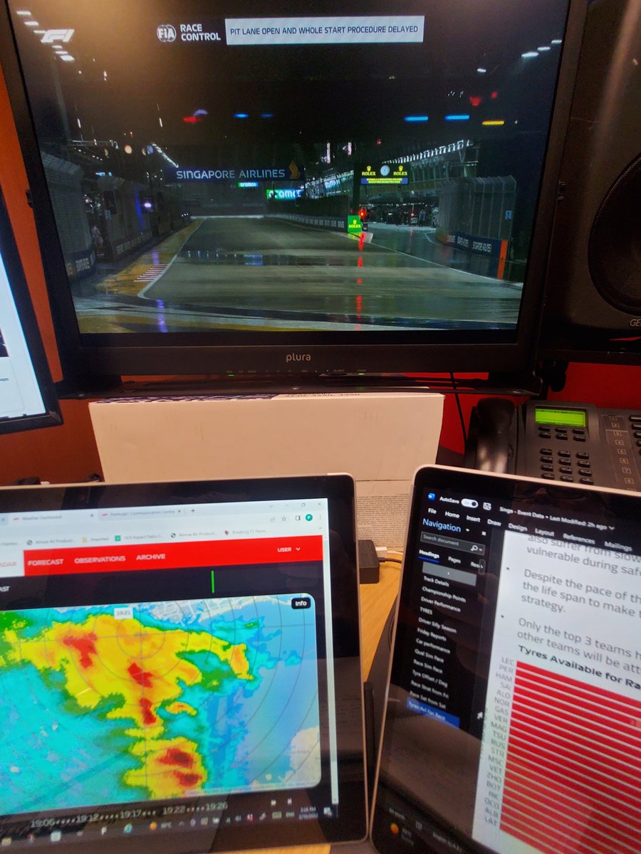 And rain stops play in Singapore, 30 min before scheduled F1 race start and its throwing it down. Race control just announced  that start procedure is delayed. Join @DamoReidF1 and me, on SSC2 &amp; Shahid VIP app to watch the rain and hopefully some racing today