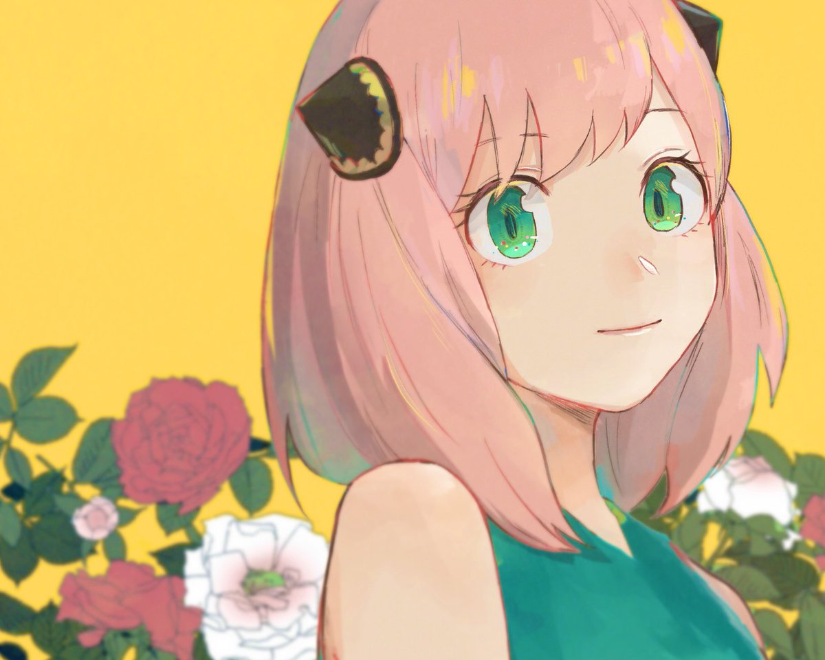 anya (spy x family) 1girl solo green eyes pink hair yellow background flower looking at viewer  illustration images
