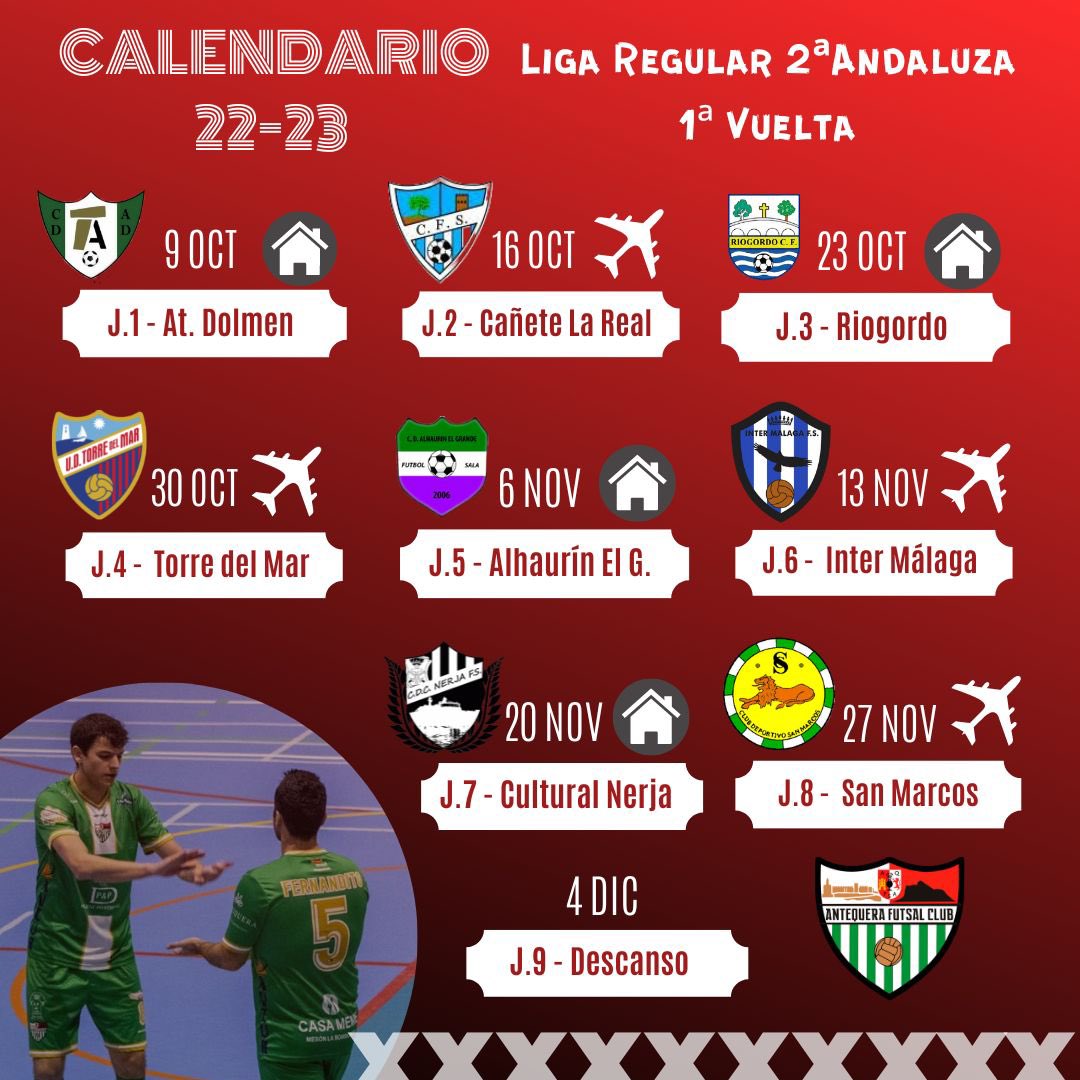 AntequeraFSclub's tweet photo. 📆⚽ ᑕᗩᒪEᑎᗪᗩᖇIO ᗪE ᒪᗩ 1ª ᐯᑌEᒪTᗩ🏠✈️

Estos serán los partidos que disputaremos en la 1a vuelta de la liga regular. Arrancamos el 9 de octubre con derbi y cerramos con jornada de descanso el 4 de diciembre.

#ElMomentoDelPueblo🏹
#SomosAntequeraFutsal

🤍💚🤍 https://t.co/KtIoLlQJKp
