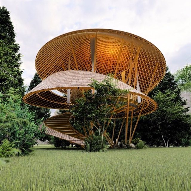 thinkbamboo's tweet photo. π Shitake Villa: a spiral design that makes the boundary between indoors and outdoors disappear. this spiral rises the cantilevered bedroom providing privacy and a better view of the surrounding landscape. #thinkbamboo #bambooconstructions #bambooindonesia #bambooarchitecture https://t.co/BHsJLajkCV