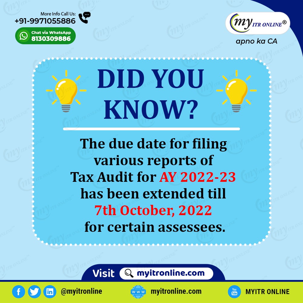 myitronline's tweet photo. Latest update 🔔

The tax audit filing date has been extended for AY 2022 - 23 has been extended till 7th october, 2022.  

#incometaxindia #latestupdates #cbdtupdate #incometaxupdate 
#taxaudit #myitronline #taxaudit2022 https://t.co/jdzPBtUsda