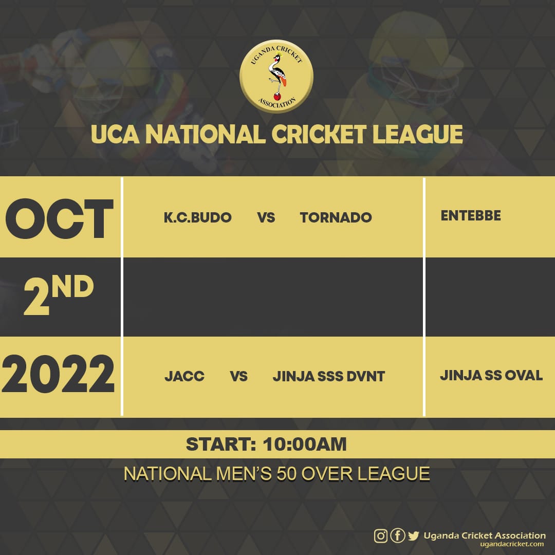 CricketUganda's tweet photo. Happening Now: National Men's 50 Over League.

1. .@BudoCricket v Tornado (Div 2) - Entebbe Cricket Oval

2. JACC v Jinja SSS - Jinja Oval 

For match results you go to https://t.co/1CvLG0X94z. 

#CricketUganda https://t.co/nEjJsD8ZLd