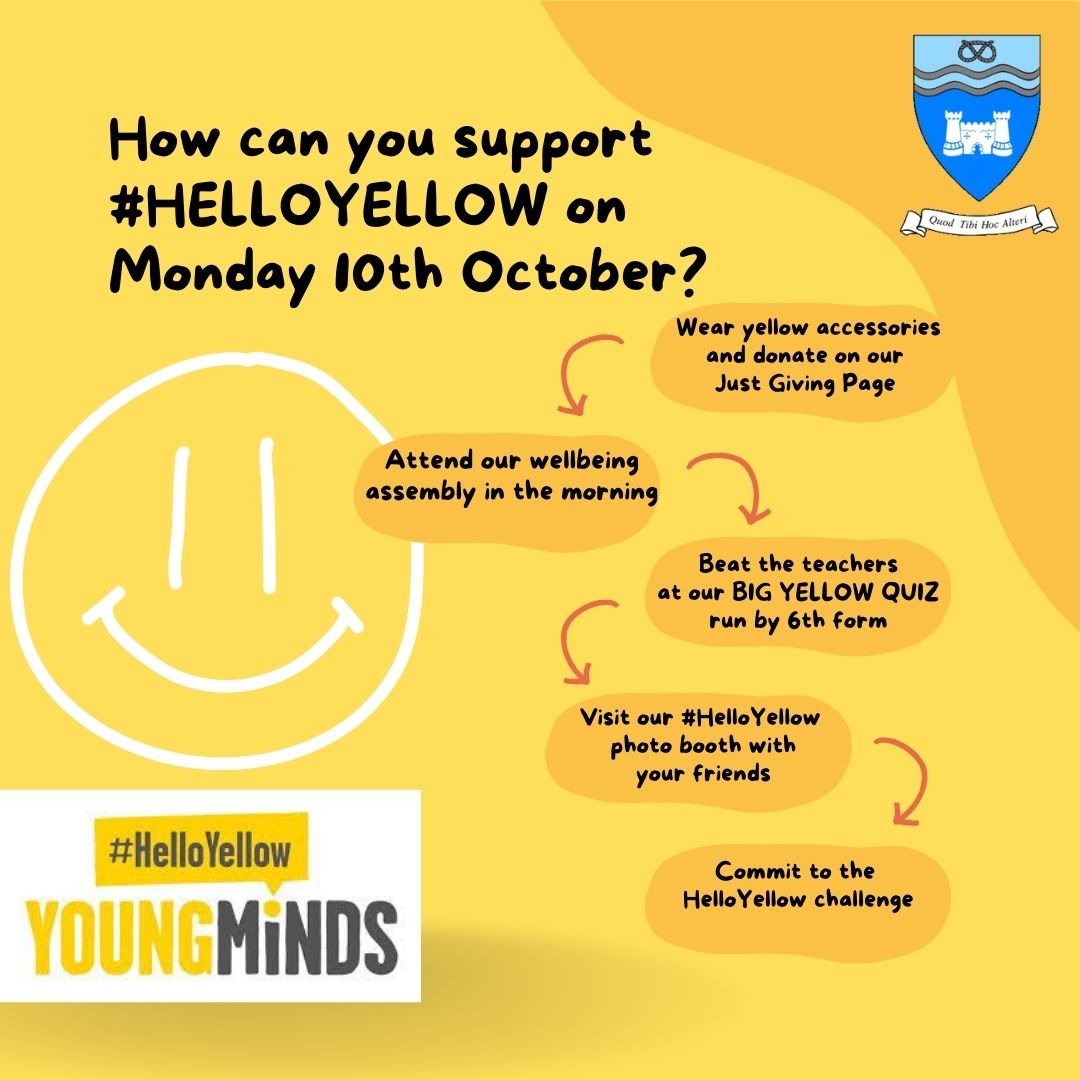 SGSWellbeing's tweet photo. Nearly half a million young people are being referred for mental health problems every month.  Help @YoungMindsUK improve outcomes for those accessing, or trying to access, mental health support by taking part in #HelloYellow 2022 at school on 10th October. https://t.co/CRQuQNMa4g