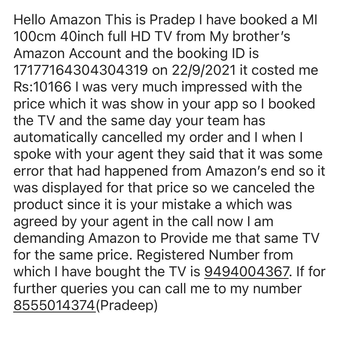 sripurampradeep's tweet photo. @amazonIN hello Amazon I have faced a problem and I have written the complaint story plzz solve the issue and plzz send my TV ASAP I have all the recorded call recording with your agent https://t.co/R9JhyeHyeE