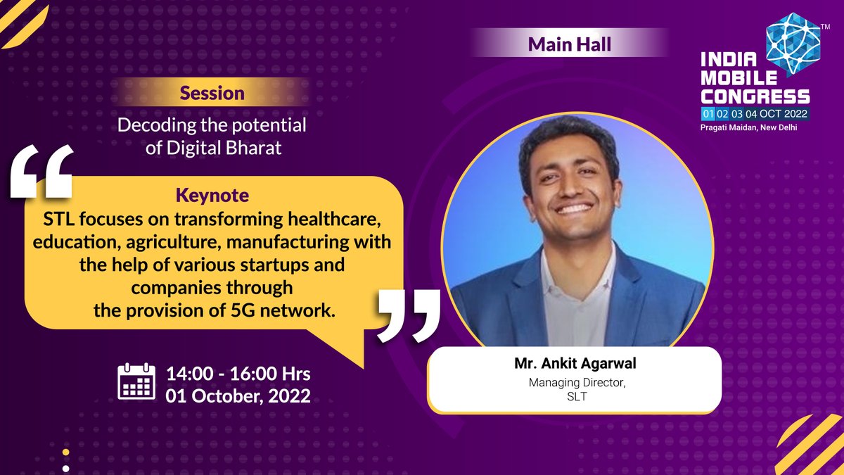 exploreIMC's tweet photo. Keynote - Mr. Ankit Agarwal, Managing Director - STL

Register now: https://t.co/rK0ye6C4oJ

#IMC2022 #IMC5gLaunch #StlAtIMC

@exploreIMC @ConnectCOAI @DoT_India @STL_Tech https://t.co/Idt5c574G8