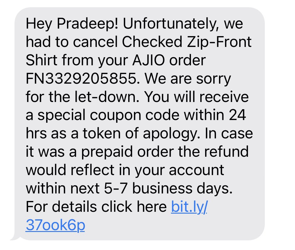 sripurampradeep's tweet photo. @AJIOLife My order was cancelled from your end Automatically and you have send a apologies message and you mentioned that you will send a special coupon code with in 24 hours it’s been 3 days I didn’t receive any coupon plzz check on this issue https://t.co/y5oLtv3TSB