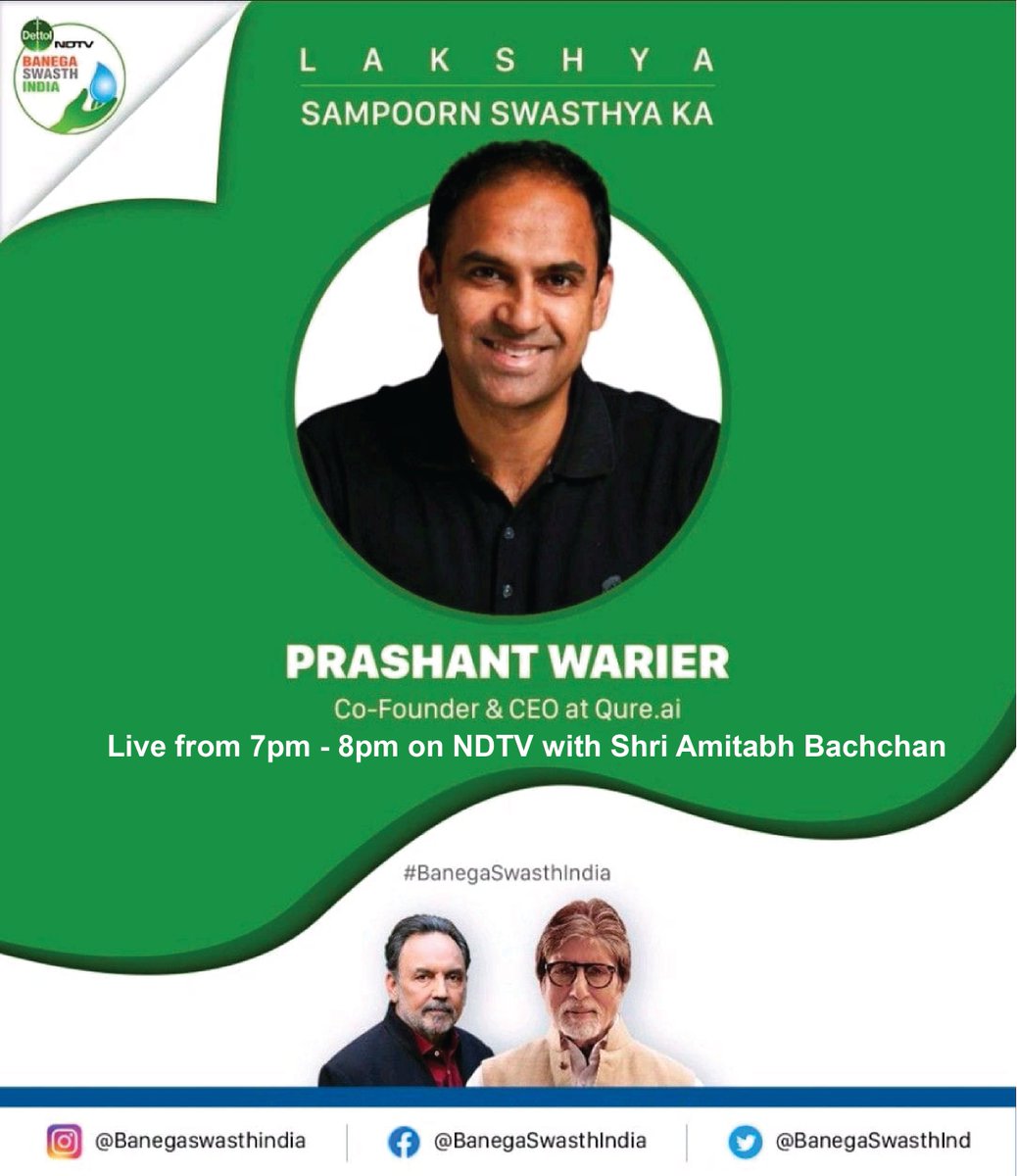 On the occasion of #GandhiJayanti, @pwarier will be live on @ndtv at 7PM today talking about Qure.ai in a panel moderated by Shri @SrBachchan.

#Gearup for some interesting discussions on #healthcare 

#2ndOctober #LetsQureIt @qure_ai