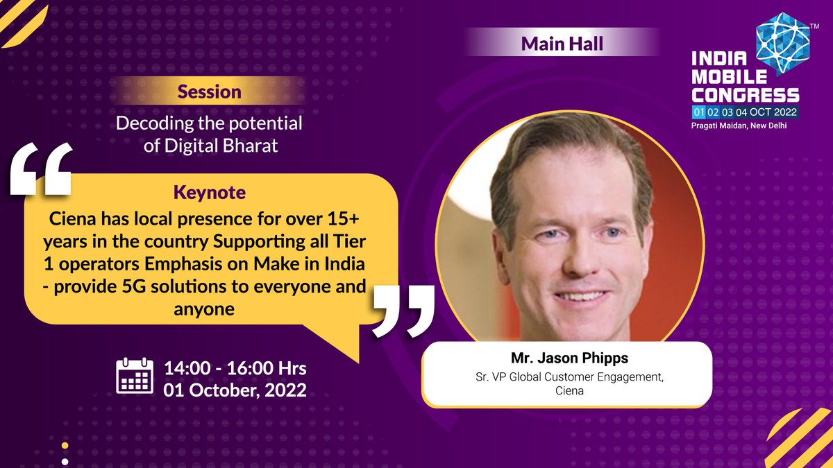 exploreIMC's tweet photo. Keynote - Mr. Jason Phipps, Sr. VP Global Customer Engagement - Ciena
Register now: https://t.co/rK0ye6C4oJ
#IMC2022 #IMC5gLaunch #CienaAtIMC
@exploreIMC @ConnectCOAI @DoT_India @Ciena @CienaIndia https://t.co/ax2wotVaB5