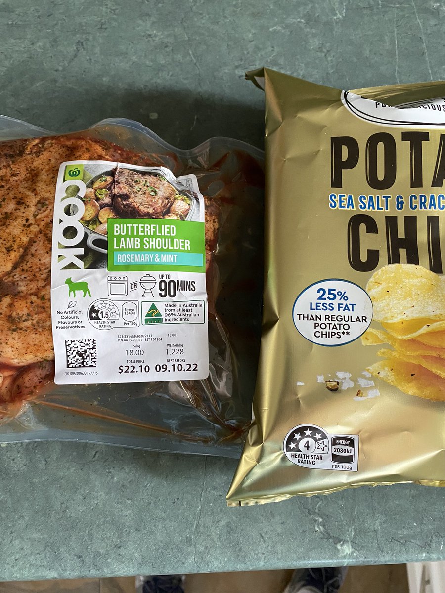Hill_Slug's tweet photo. So how is a packet of chips “healthier” by a long way compared to lamb shoulder?  (4 stars vs 1.5). Similar fat content although granted lamb has higher saturated fat (which I trim off most of it). @healthgovau #foodies #foodstarrating #healthyfood https://t.co/NSwhj9Eh6m