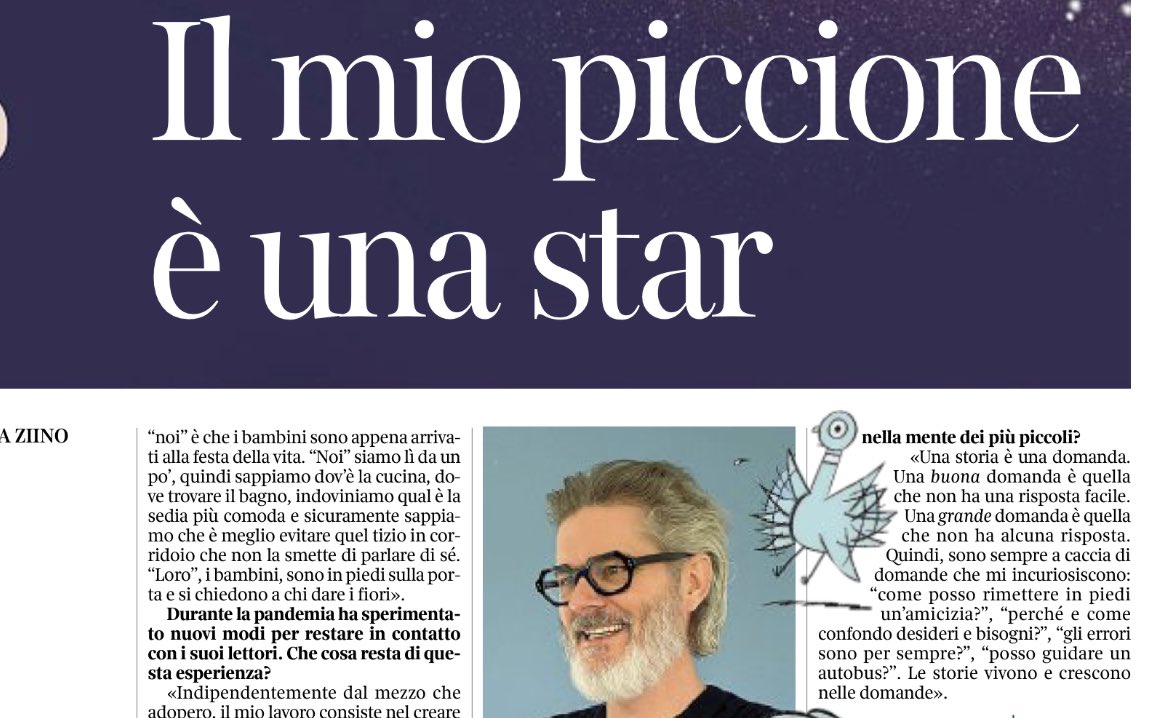 “Volete che i vostri figli leggano? Fatevi sorprendere a leggere”. Su <a href="/La_Lettura/">la_lettura</a> di oggi ho intervistato il fantastico Mo Willems <a href="/The_Pigeon/">The Pigeon</a> in arrivo a Cagliari per <a href="/FTuttestorie/">Festival Tuttestorie</a> #kidlitart #ChildrensBooks #illustration