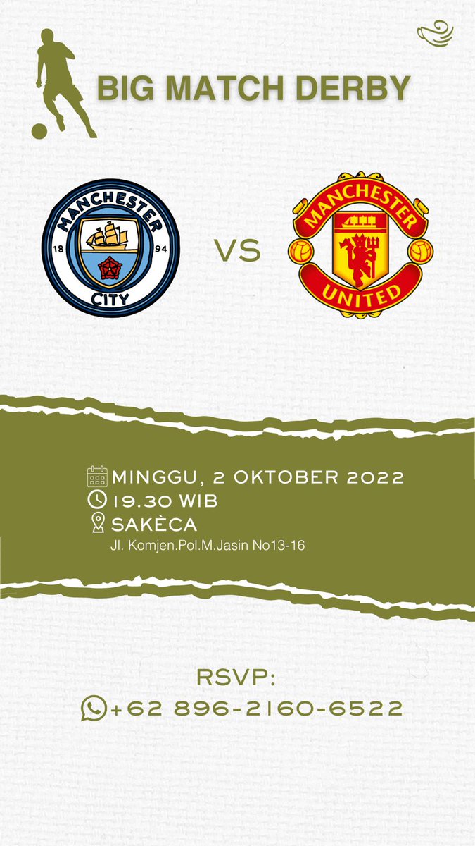 ddystopis's tweet photo. @ApriePrasetya @idextratime ✨HALO TEMAN SAKECA!✨
Yuk ramaikan nonton bareng BIG MATCH DERBY 

⚽️MANCHESTER CITY VS MANCHESTER UNITED⚽️

RSVP: https://t.co/Ps1wpFD1Px

📍SAKECA -Jl. Komjen.Pol.M.Jasin No.13 - 16, Tugu, Kota Depok

gmaps: Kafe Sakeca
https://t.co/HJaQXyldDq https://t.co/BsLWTSv4ub