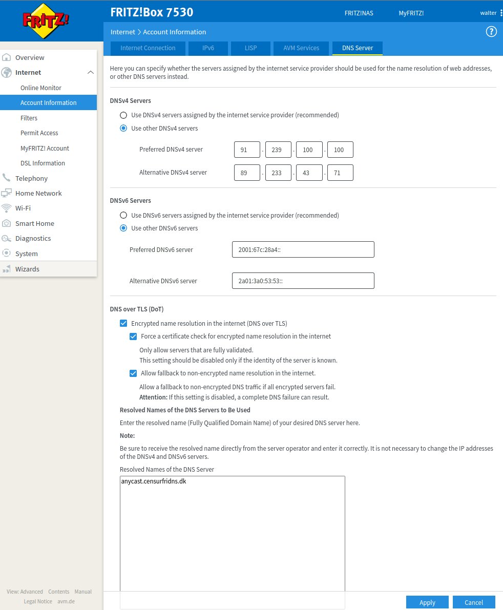 userwalter's tweet photo. @censurfridns And it works again. - The Fritzbox has a setting to enable 'DNS over TLS (DoT)'. - Just check all the boxes and fill in 'https://t.co/6G3OKlTbig' in the domain name box. https://t.co/KTAId3LreQ