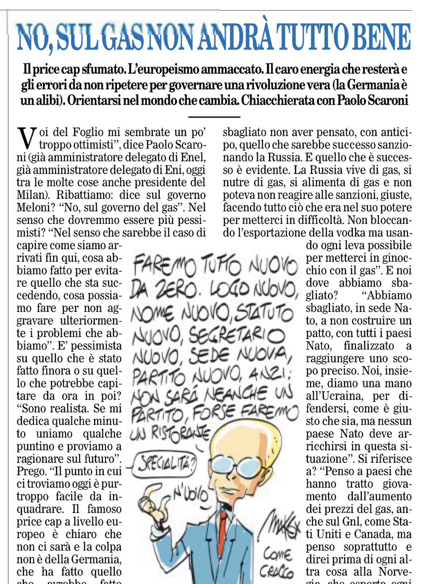 nunziapenelope's tweet photo. Dice Paolo #Scaroni che su #gas ed #energia siamo nei guai, e pure grossi; credere che tutto andra’ bene e’ puro pensiero magico.
Chiacchierata molto istruttiva dell’ex capo dell’Eni col direttore del Foglio ⁦@claudiocerasa⁩ https://t.co/wdrKsZigsp