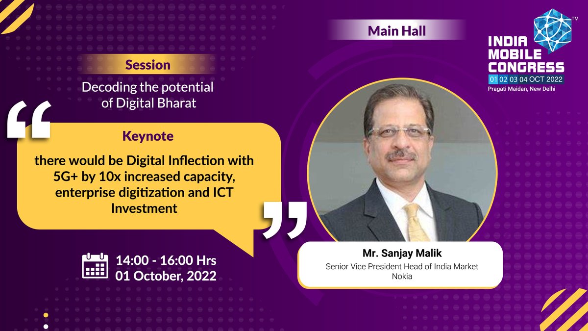 exploreIMC's tweet photo. Keynote - Mr. Sanjay Malik, Senior Vice President Head of India Market - Nokia
Register now: https://t.co/rK0ye6C4oJ
#IMC2022 #IMC5gLaunch #NokiaAtIMC
@exploreIMC @ConnectCOAI @DoT_India @NokiaIndia https://t.co/4jN9ayKB7p