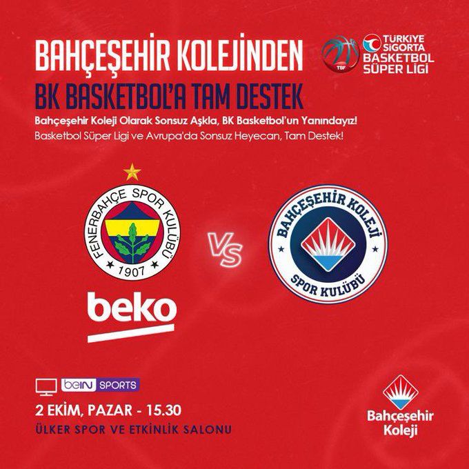 evrendervisoglu's tweet photo. ❤️💙 Bahçeşehir Kolejinden @BKBasketbol ’a Tam Destek!

Türkiye Sigorta Basketbol Süper Ligi’nin sezon açılışında Fenerbahçe Beko ile karşılaşacak takımımıza başarılar dileriz. 👏🏼

📍@ulkersportsarena
⏰ 15.30
📺 Beinsports 5 

#FlyHighTogether https://t.co/SCgPaSni1B