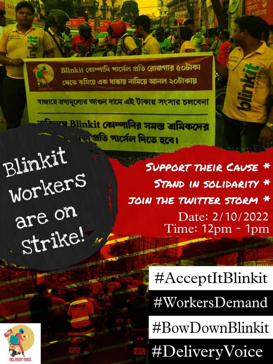 PolLinLeMar's tweet image. Sample posts:

Delivery riders want secure wage for a humane living. They demand at least 40/- rs basic pay per order.  #AcceptItBlinkit? #DeliveryVoice #WorkersDemands #BowDownBlinkit
