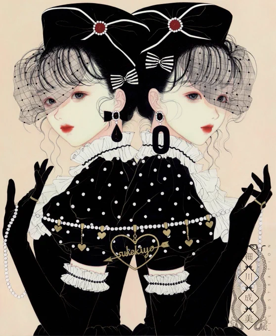 【お知らせ】sukekiyo様のグッズイラストを描かせていただきました!今回はレトロかつクラシカルな雰囲気で、喪服をイメージした黒のドレスにベールをあしらった大きな帽子のミステリアスな二人を描かせていただきました!#sukekiyo #dummy 