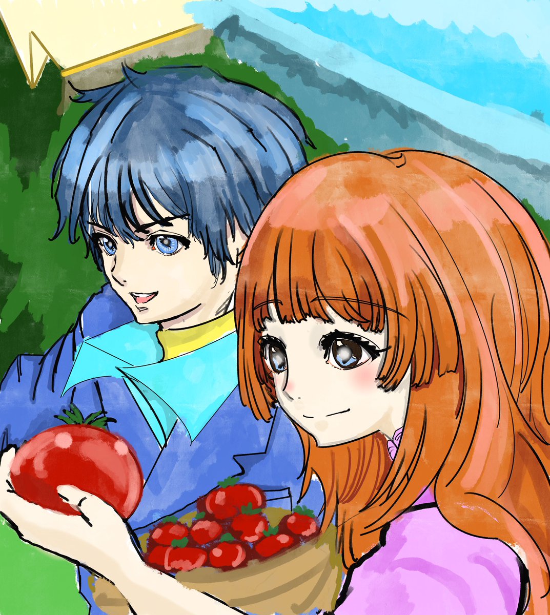 1girl 1boy tomato blue eyes smile blue hair long hair  illustration images