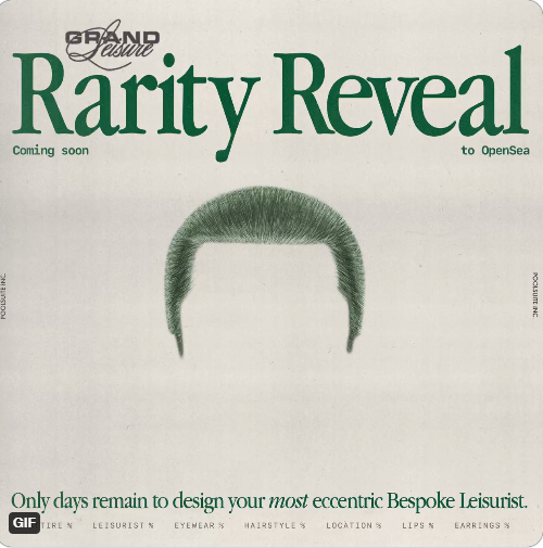 PooIsuite's tweet photo. GRAND LEISURE RARITY REVEAL, COMING SOON TO @OpenSea ✨

• In ~10 days we’ll find out who among us have designed the most unique Leisurists 🥇

• 28 hours remain to mint your bespoke creation on the Leisurist-3000

• Might you design the rarest of them all...?

More info ⬇️ https://t.co/xvQyixbjvs
