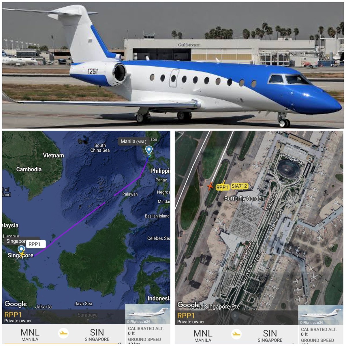 Allegedly, the presidential jet, PAF RPP1, the 1 billion-peso Gulfstream G280 was monitored on Flight Radar flying to Singapore this weekend. 

Average operating cost: $5,343 per hour
Flight time to Singapore: 3 hours one way
Total cost two-way: $32,058 or P1.885M