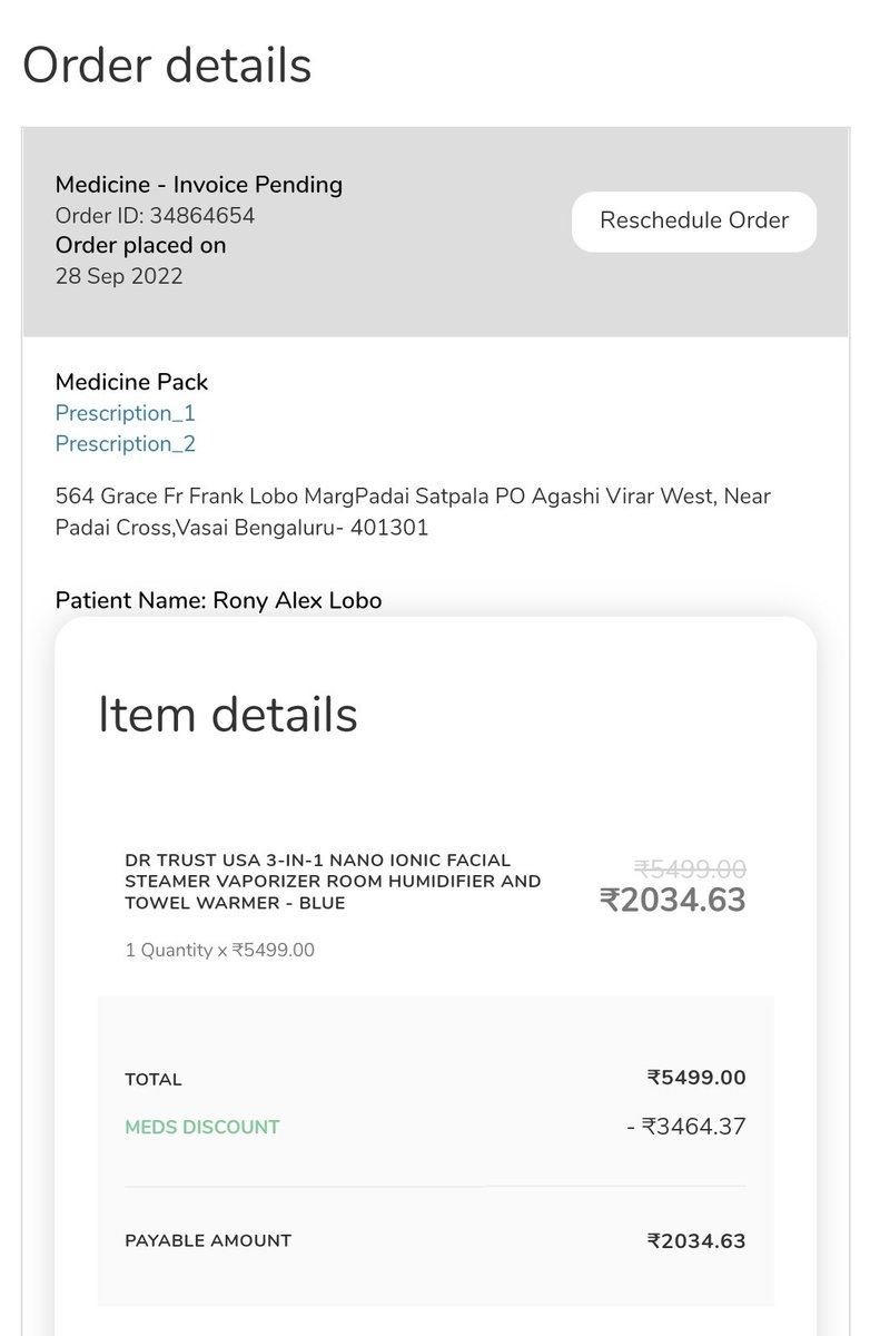 _ronylobo's tweet photo. @MediBuddyapp I ordered Dr Trust 3 in 1 facial steamer but got a wrong product delivered. Please help me how I can initiate refund or replacement as on app the status of the order is still showing as in-process even after delivery. https://t.co/rBcB57LjbW