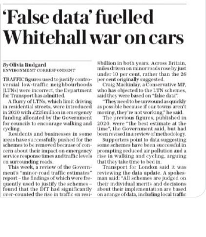 Today’s @Telegraph confirming what environmental justice campaigners recognised from the start. There was no increase in traffic on “smaller residential” roads due to “rat running”. Whitehall lie? LCC/local Lab councils used these lies to harm poorer residents on sacrificial rds.