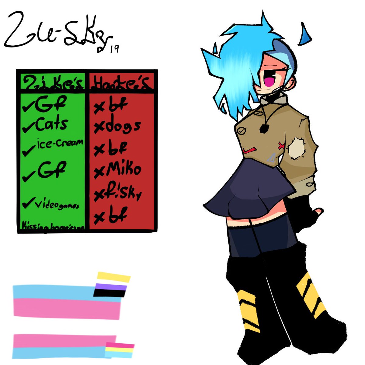 Whydidudoit34's tweet photo. I'ma add some more information soon 🤠 but here's luskys new ref sheet along with a relationship chart #skyverse #fnf #lusky #fakersky #nusky #skybluefnf #skifnf https://t.co/r222Omzv1G
