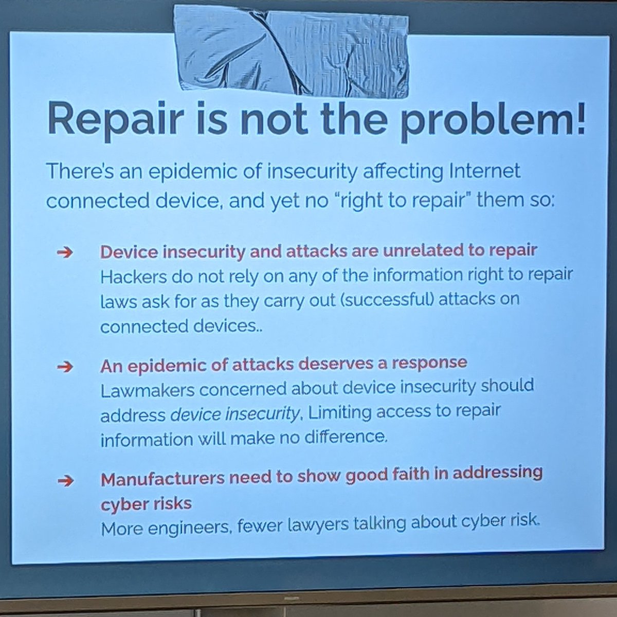 RestartProject's tweet photo. "Repair is not the problem" when it comes to cyber security - very clear message by @securepairs at #Fixfest, countering one of manufacturers' arguments anti #RightToRepair https://t.co/Idj11Em0Ts