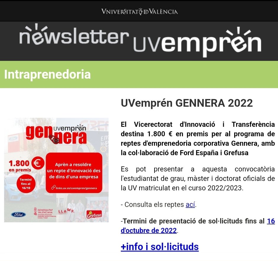murfhoeth's tweet photo. ‼️#Newsletter #GenneraUV
💼 Inscriu-te en #Gennera i aprèn a resoldre reptes reals d'innovació amb @FordSpain i @grefusa
💰 1️⃣8️⃣0️⃣0️⃣€ en PREMIS amb la @GVAeconomia #LLAMP
🏅 Certificat i 2️⃣ crèdits ECTS
👥 Obert a titulacións de la @UV_EG
🚨 3️⃣0️⃣ places
https://t.co/Yeby60kvLL https://t.co/sLYwJYQa0h