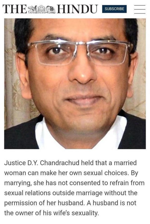 This is future CJI of India .. Literally saying married women can have illicit relationships for sex out of marriage too.. It's their right..This is the new moral compass of Indian civilization