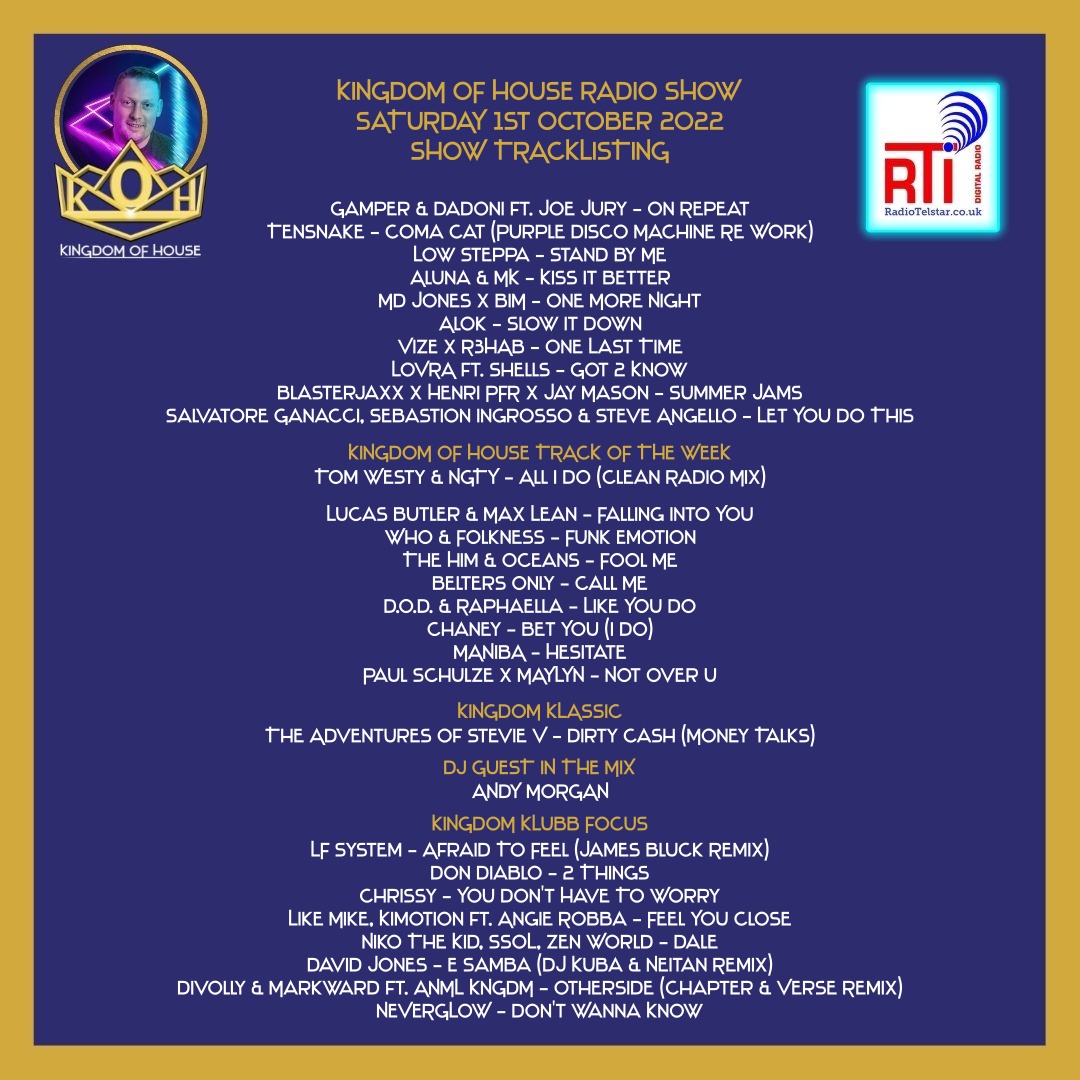 TKOHradio's tweet photo. Tracklisting for last nights show #radio #radioshow #radiopresenter #presenter #housemusicshow #DJ #housemusic #remixes #bootlegs #trackoftheweek #guestdj #InTheMix #djandymorgan #klubbfocus #tkoh #kingdomofhouse #andymorgan #radiotelstar #radiotelstarinternational https://t.co/cW3eRuBIhz