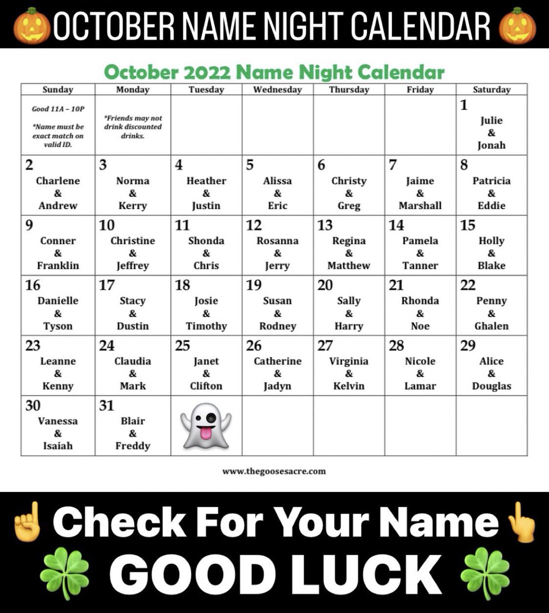 TheGoosesAcre1's tweet photo. Feeling LUCKY? 🍀
#Drinks & #Drafts
@TheGoosesAcre1
$.25 #WellDrinks🥃
10oz #Domestics🍺
If your name appears on
our #NameNightCalendar
Name must be an exact match
w/your 21+ valid ID/Passport
Only named party is eligible
Good only on the date name is listed from 11AM-10PM https://t.co/sSFaVjkrqJ