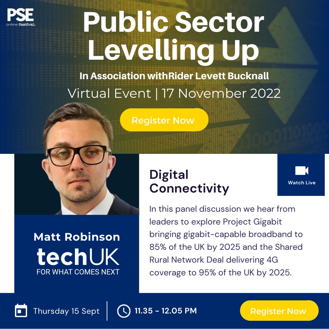 thepsenews's tweet photo. #PSE365 is excited to announce Matt Robinson, @techUK joins the Digital Connectivity Panel Discussion on 17th November π
Register now to secure your place π
https://t.co/XLpJ32gdXe
#LevellingUp #Community #PSE365 https://t.co/DeHpi4W18Z
