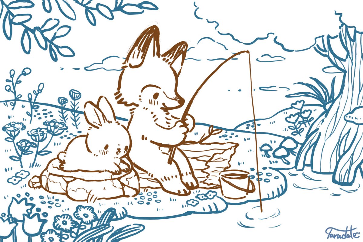 うさぎ 狼 happy sweet time 創作 オリジナル 原画 手描き 仲良しなオオカミとウサギのラフ…🐺🐰新作ラフが5枚完成した