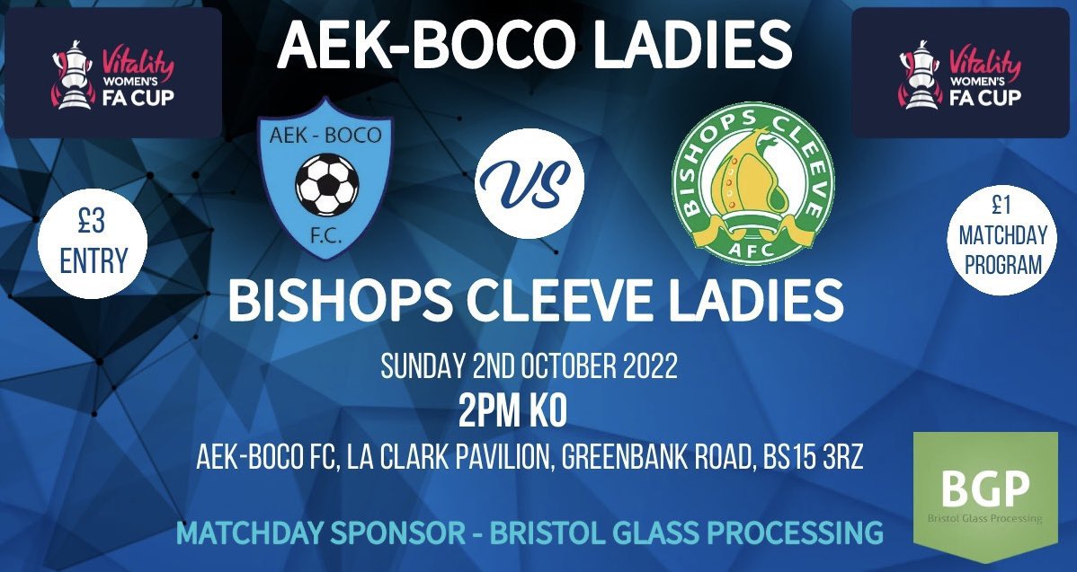 aekbocoladiesfc's tweet photo. 🏆 FA CUP GAME DAY 🏆 

Today we welcome @cleeveladies_fc to Greenbank Road in the Second Qualifying Road of the @VitalityWFACup ⚽️ 

- £3 ENTRY FEE 💰
- £1 MATCHDAY PROGRAM 📘

LET’S GET THE BANK PACKED FOR THIS ONE 🙌🏼 

#uptheboco https://t.co/LnINFon4CW