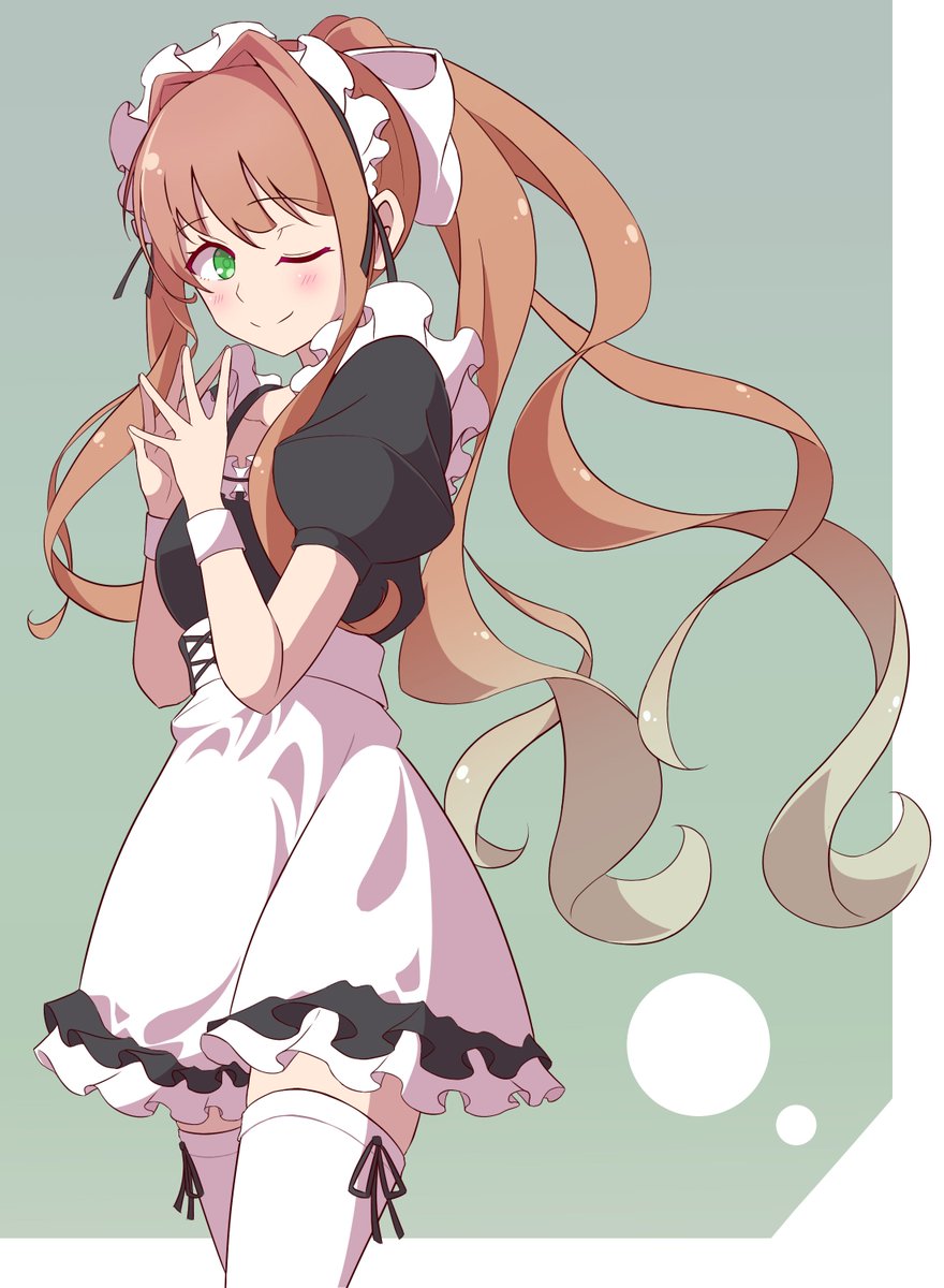 monika (doki doki literature club) 1girl one eye closed solo green eyes long hair maid thighhighs  illustration images