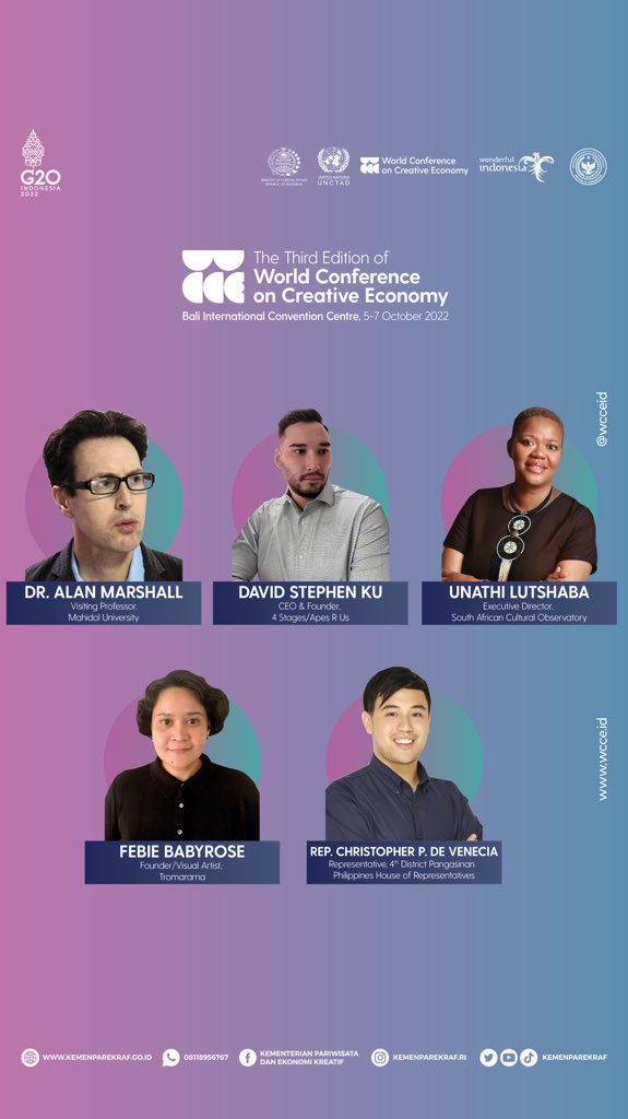 Our  second line up speakers for the #WCCE2022 

The third edition of World Conference on Creative Economy will be held in Bali International Convention Centre, Indonesia, on 5-7 October 2022.

#globalrecovery #creativeeconomy #inclusivelycreative #g20indonesia #WCCE2022