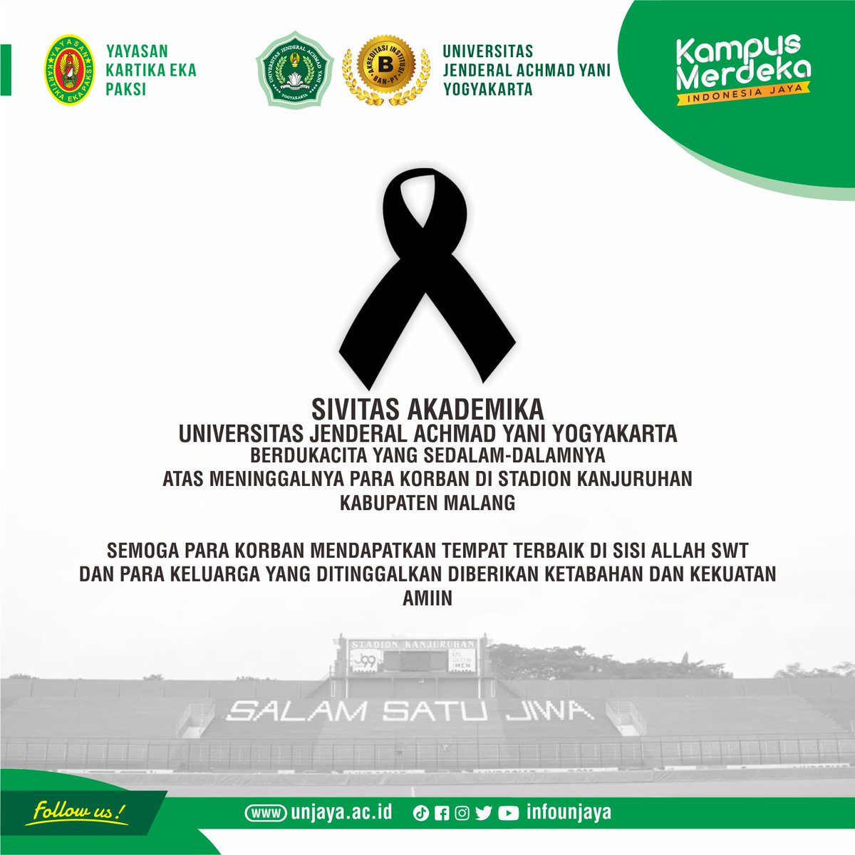 Sivitas Akademika UNJAYA  turut berdukacita yang sedalam-dalamnya atas meninggalnya para korban di Stadion Kanjuruhan, Malang.

#unjaya #achmadyanimuda #stadionkanjuruhan #prayformalang #PrayForKanjuruhan #kanjuruhan