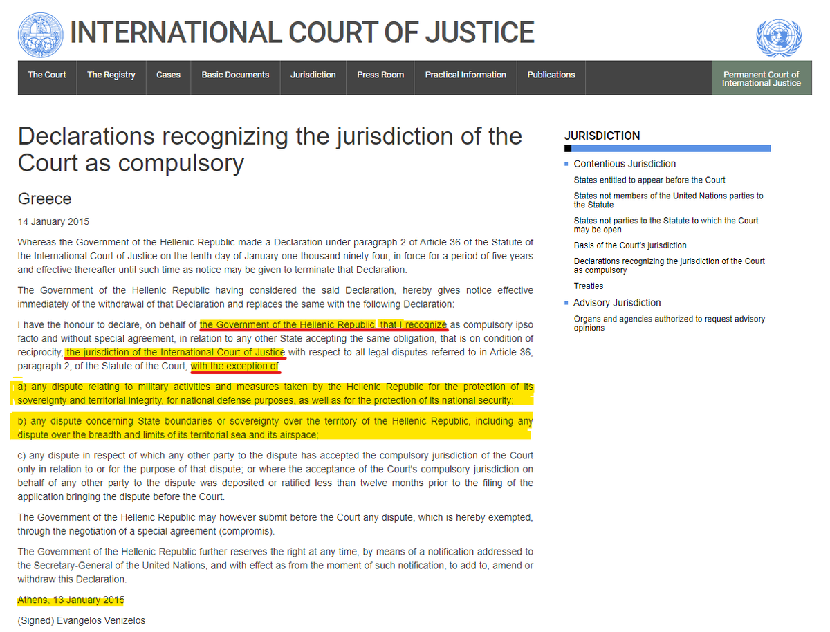 CyprusNotifies's tweet photo. All members of UN are ipso facto parties to Statute of ICJ while UNCLOS is like an association of the signatories.
Turkey wants solve its issues w/ Greece in accordance w/ International Law
BUT Greece declared that it does not recognize ICJ jurisdictions on territorial disputes👇 https://t.co/EC7sA9aG5f