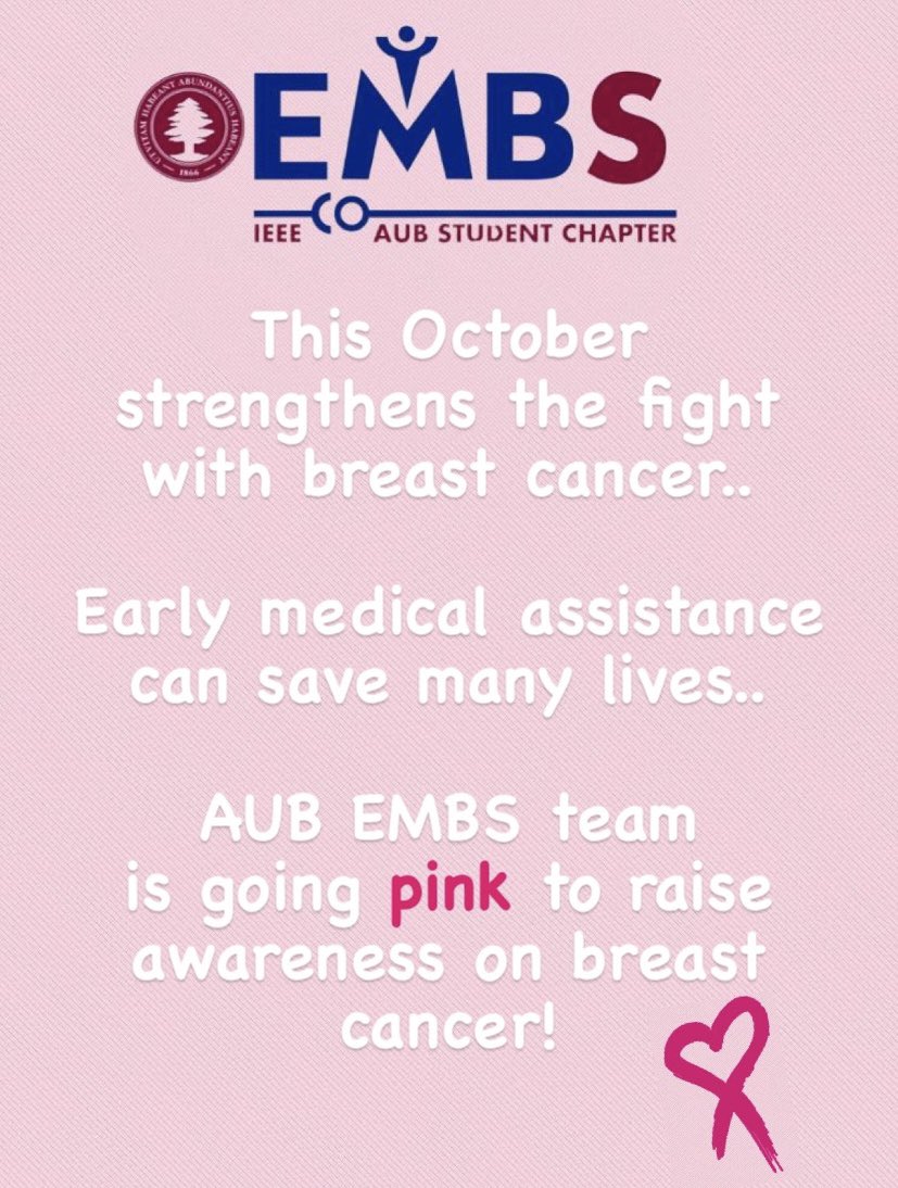 AUB_EMBS's tweet photo. October is Breast Cancer Awareness Month🎀. AUB EMBS team is going pink to raise awareness on breast cancer. Help us spread the word about the importance of breast cancer screening and support! #NewProfilePic #GoPink #ShowHerShesNotAlone #GetChecked #pinktober https://t.co/CqUduzlxCl