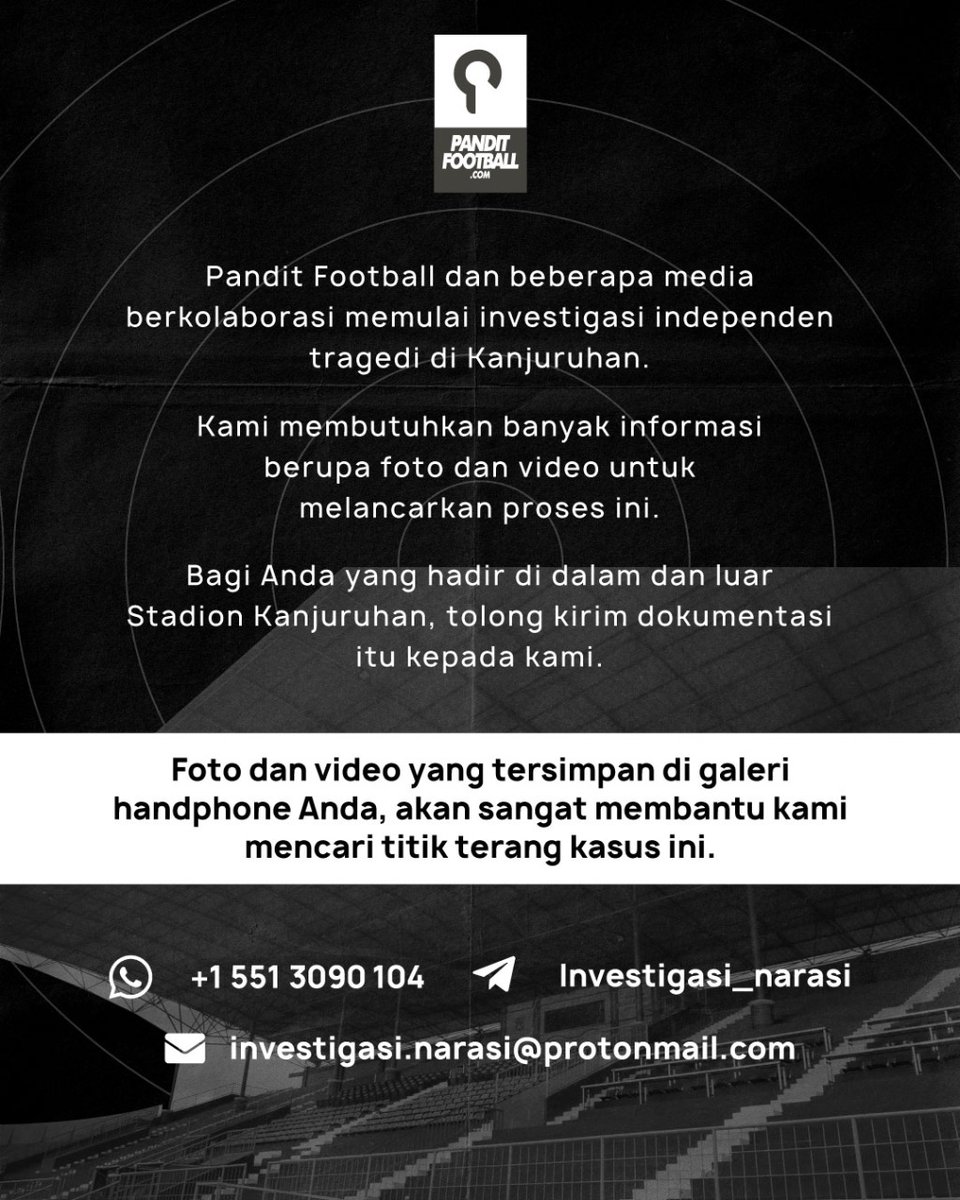 panditfootball's tweet photo. Jika anda sempat mendokumentasikan mengenai peristiwa Kanjuruhan di handphone anda, silahkan kirim melalui whatsapp, telegram, dan email yang tercantum untuk membantu tim Pandit Football dan beberapa media dalam proses investigasi independen ini 🙏 https://t.co/OUU0M6FCHz