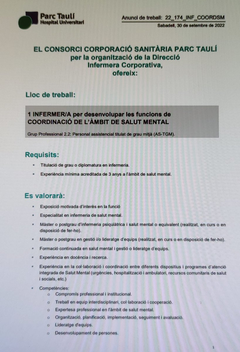 albertgranero's tweet photo. EL Consorci Corporació Sanitària Parc Taulí @parctauli , convoca 1 Plaça de Coordinació Infermer/a per l’àmbit de Salut Mental. 
Referència convocatòria: 22_174_INF_COORDSM 
Bases: https://t.co/QbofONQSUr   
@COIBarcelona @ASCISAM @_AEESME @infermerescat @InfermeriaTauli https://t.co/tbFU5jF9BP