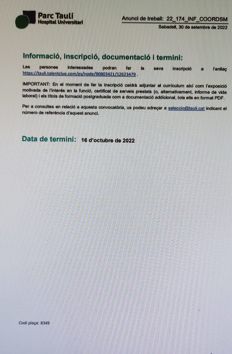 albertgranero's tweet photo. EL Consorci Corporació Sanitària Parc Taulí @parctauli , convoca 1 Plaça de Coordinació Infermer/a per l’àmbit de Salut Mental. 
Referència convocatòria: 22_174_INF_COORDSM 
Bases: https://t.co/QbofONQSUr   
@COIBarcelona @ASCISAM @_AEESME @infermerescat @InfermeriaTauli https://t.co/tbFU5jF9BP