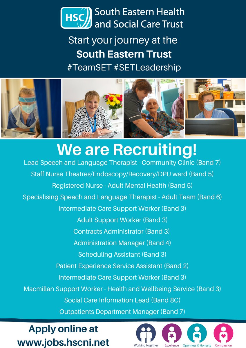 setrust's tweet photo. We are recruiting for the job posts below 👇

For more information or to apply visit: https://t.co/NqHuQKwV5K

For any queries you can contact the recruitment team on 028 9536 2998 or email recruitment.ssc@hscni.net 

#TeamSET #SETLeadership https://t.co/uPkzPSXCZy