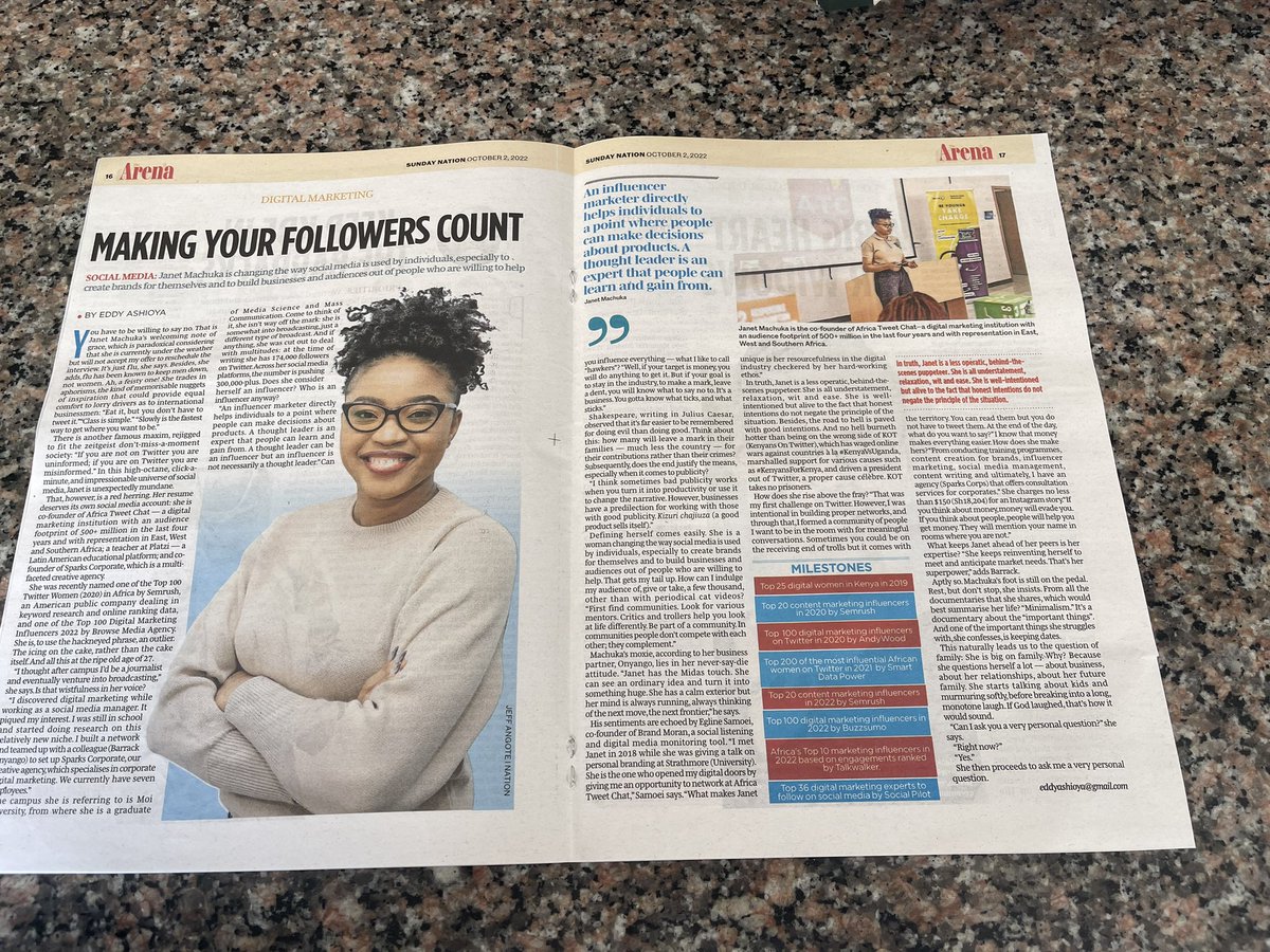 I've ever been featured before but never been on 2 pages of @NationAfrica newspapers. Thank you @eddyashioya for putting this together.

Thank you @EguarEglin & @barryonyango for saying nice things about me - you made sure I'll read it & see it here😅. Thank you🙌🏾