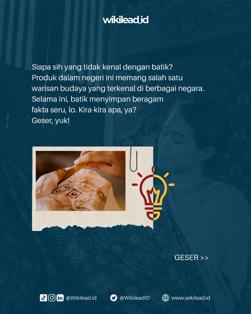 WikileadID's tweet photo. Sebenarnya, masih banyak fun fact tentang batik ini yang tentunya memiliki filosofi masing-masing di setiap motifnya. Yuk! Lestarikan budaya Indonesia agar dikenal oleh wisatawan mancanegara. https://t.co/kP9eJh9QIe