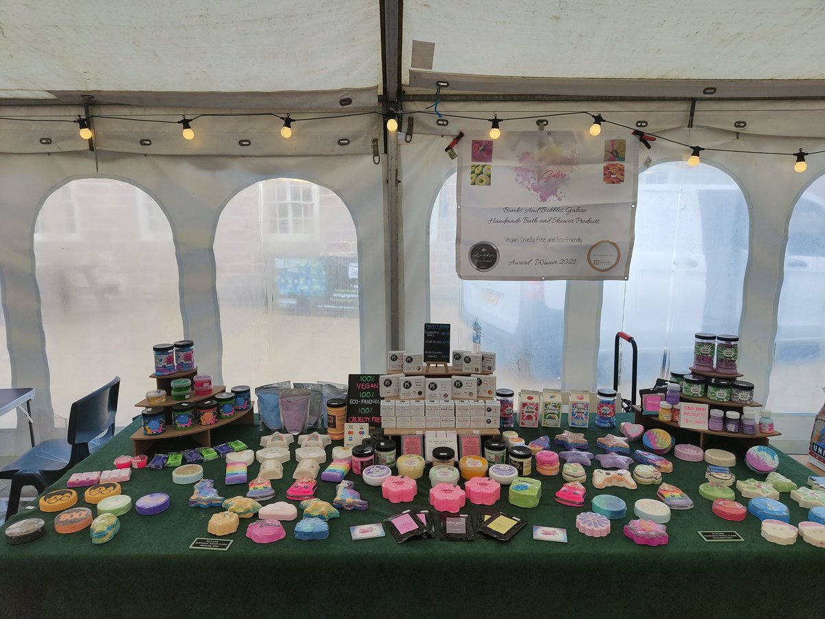 BombsandBubbles's tweet photo. I got the posh table today and I'm all ready to go! 

@CromfordMills Bazaar is open until 4pm and there is lots to find amongst the stalls in the marquee or in the shops around the millyard (as well as the history to learn along the way)!

#MHHSBD #stallday #bazaar #giftideas https://t.co/4fN9T5R9zy