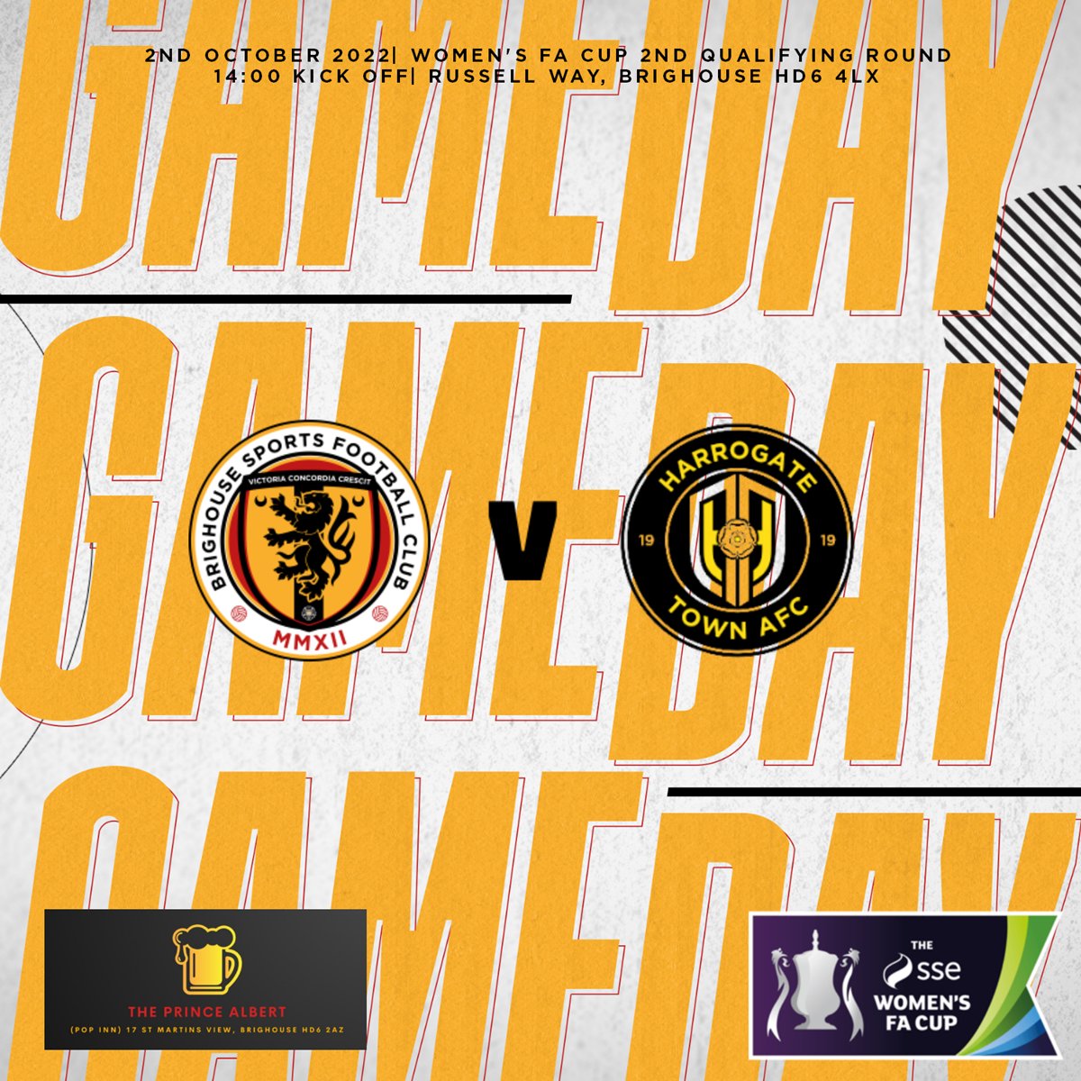 Today is the day!! FA Cup day, hope to see you down supporting the Ladies this afternoon as they host Harrogate Town Ladies! ⚽ 🏆 🇩🇪 #BSFC #UpTheSports #Brighouse #WomensFootball #WomensFACup #OneTownOneCommunity